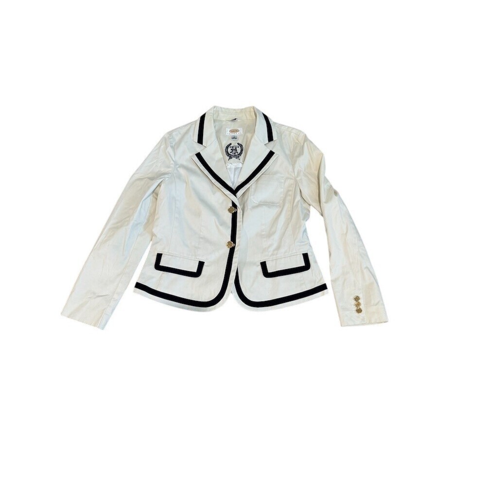 Talbots Blazer Womens Petite 8P Ivory Nautical Navy Trim Gold Buttons - Picture 2 of 6